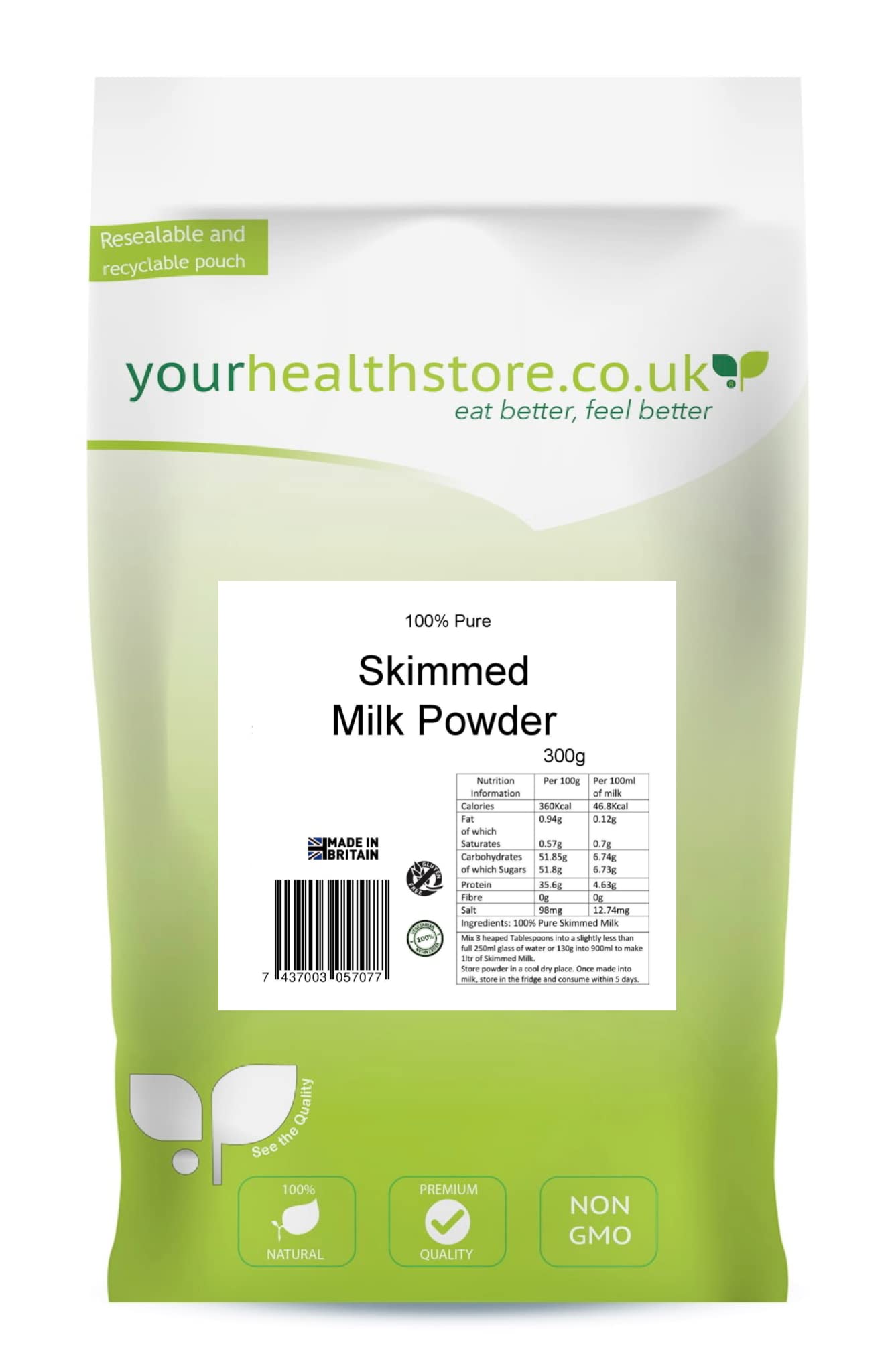 yourhealthstore 100% Pure Skimmed Milk Powder - Gluten Free, Vegetarian | 300g Pouch 1