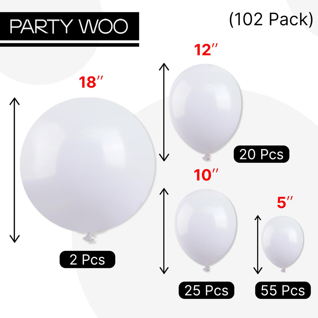 PartyWoo White Balloons 102 pcs - 18, 12, 10, 5 Inch Latex Balloon Set for Party Decorations