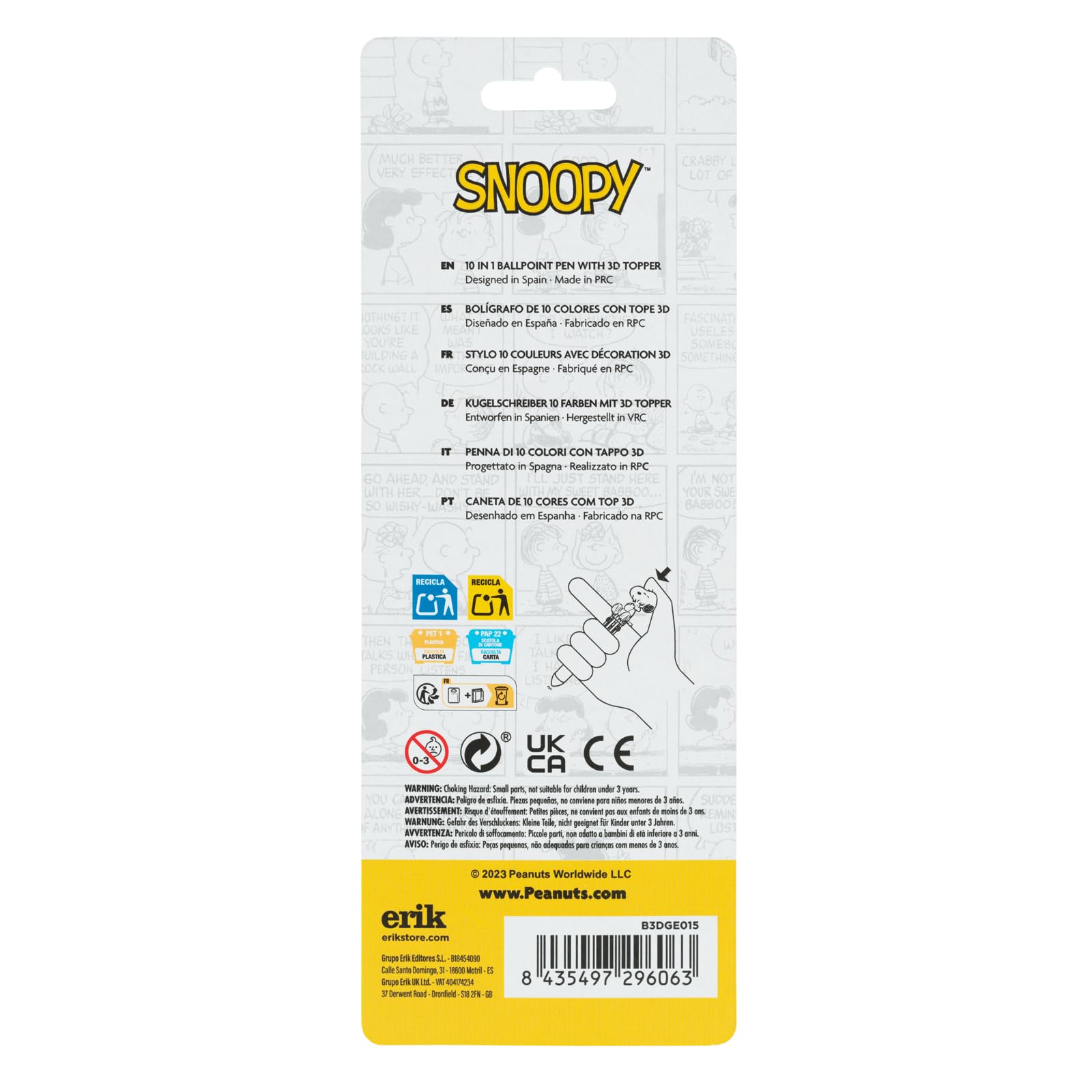 Grupo Erik Snoopy 10-in-1 Retractable Ballpoint Pen with 3D Topper | 0.7mm Fine Point 3