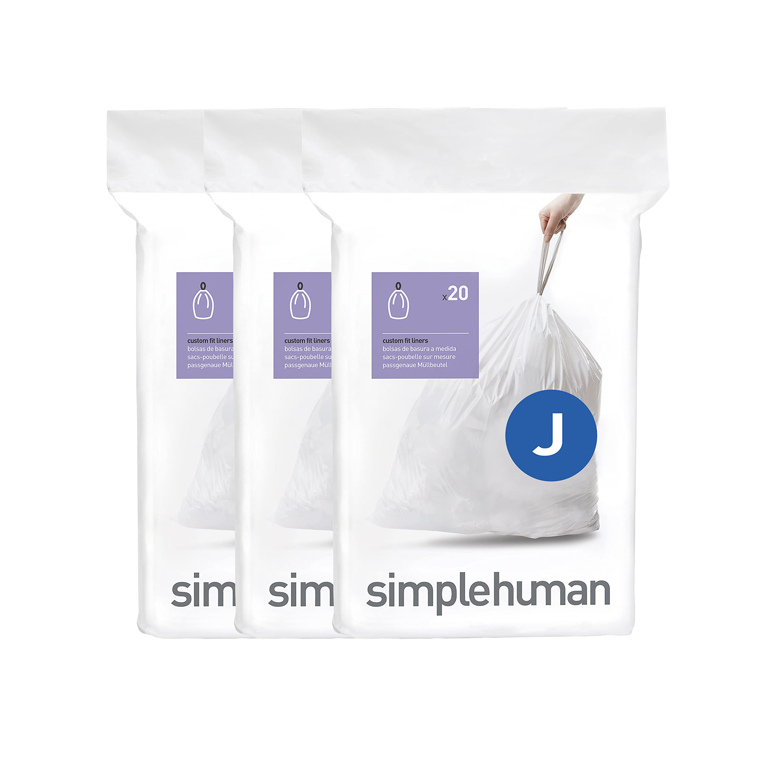 simplehuman CW0259 Code J Custom Fit Bin Liner - 60 Count Bulk Pack, White Plastic, 45 Litre 1