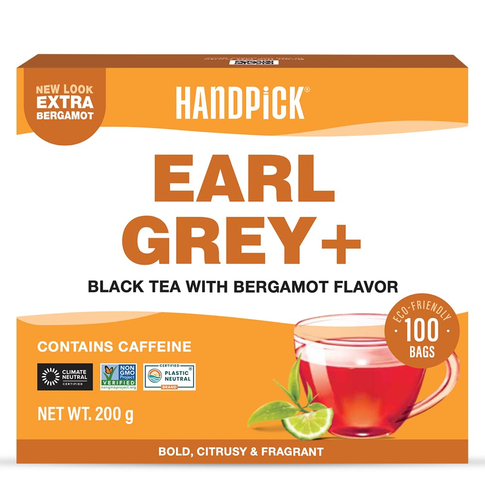 HANDPICK Earl Grey Schwarzteebeutel (100 Stück) – 100 % reiner Assam-Tee mit Bergamotte-Extrakt, Zitrusgeschmack, heiß oder eisgekühlt aufbrühen