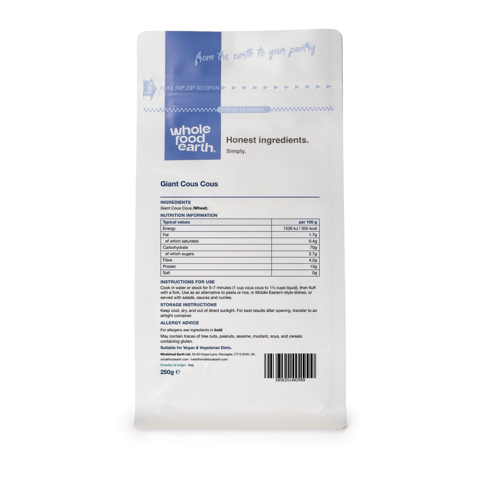 Wholefood Earth Giant Couscous - 250g Pouch | Source of Protein & Fibre | GMO Free 2