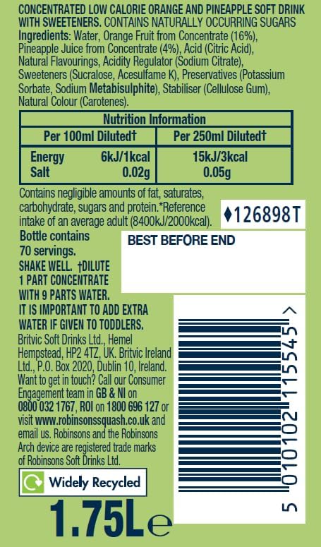Robinsons Double Strength Orange & Pineapple No Added Sugar Fruit Squash 1.75L 4