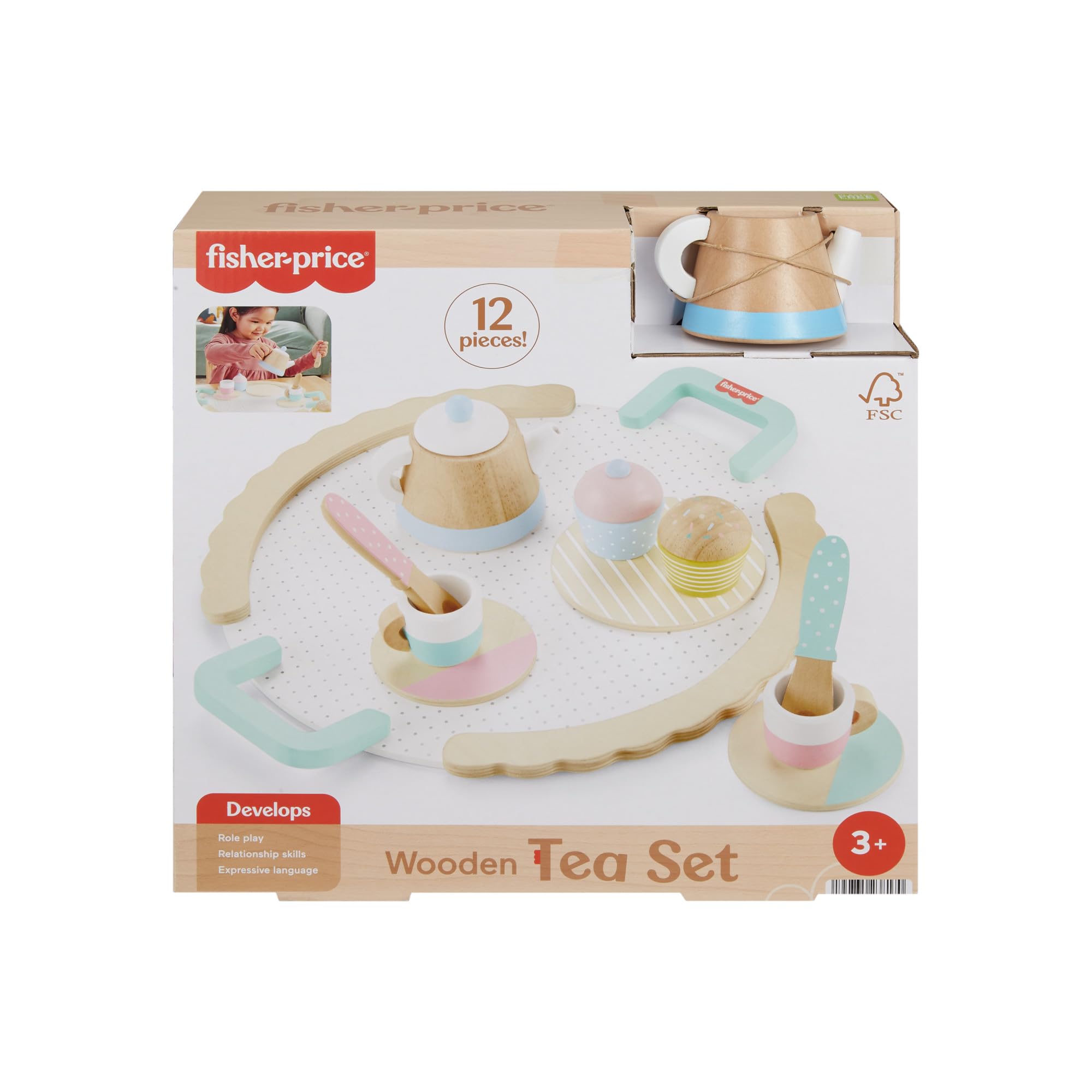 Fisher-Price Wooden Tea Set - 12-Piece Playset for Ages 3+ 6