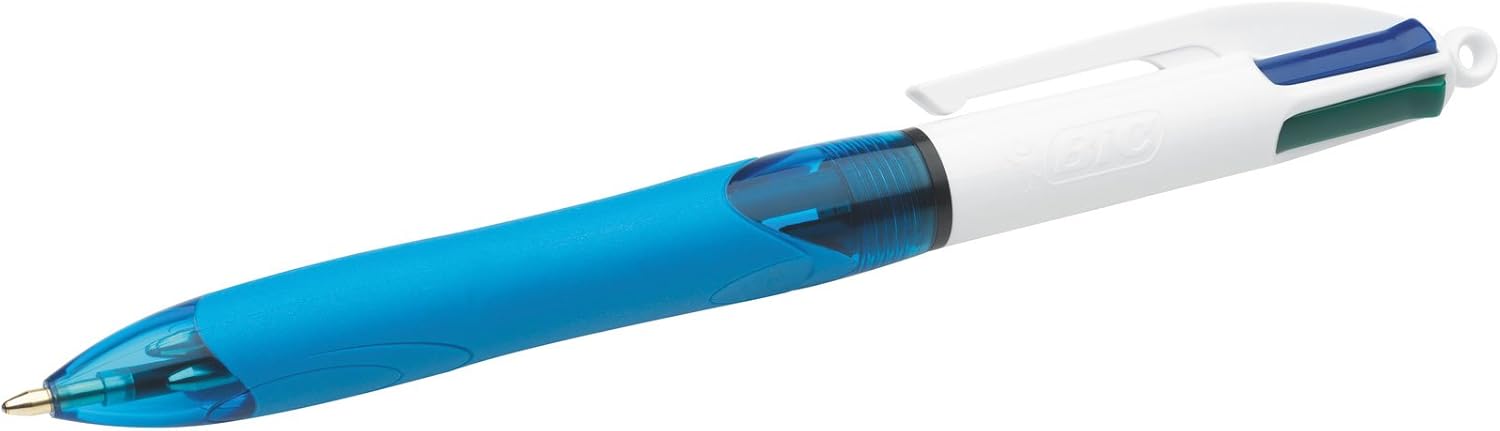 BIC 4 Colours Grip Retractable Ballpoint Pens - Box of 12- Medium Point (1.0 mm) - Extra-Comfort Grip - Translucent Blue Barrel 6