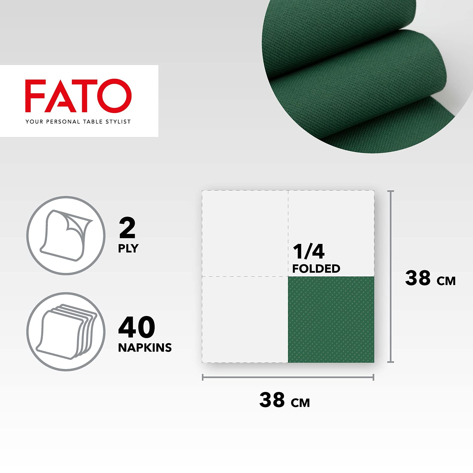 Fato Forest Green 38x38 cm 2-Ply Disposable Paper Napkins, Pack of 40, FSC Certified 2