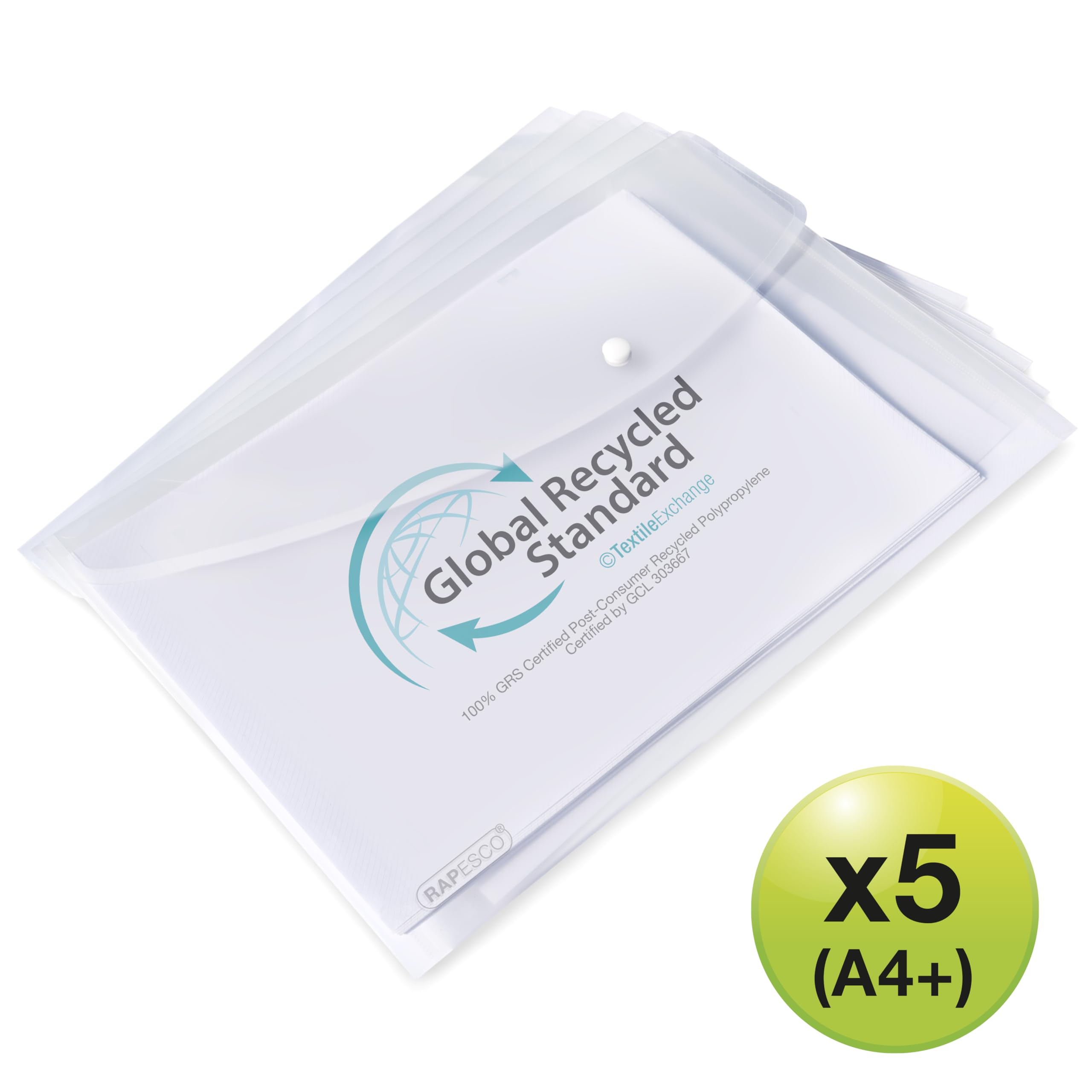 RAPESCO 1840 ECO Popper Wallets - A4+, Clear Transparent, 200-Micron, Pack of 5