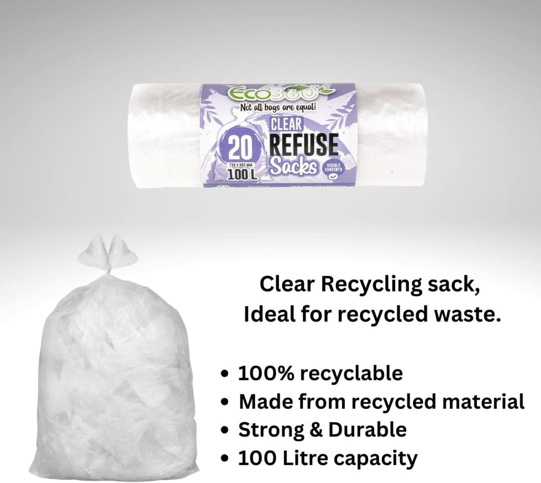EcoBag 20-Pack Heavy Duty Refuse Sacks 100L - 736 x 935mm Clear Recycled Bin Liners