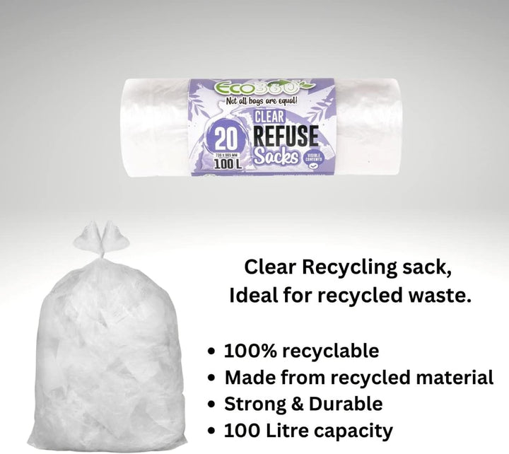EcoBag 20-Pack Heavy Duty Refuse Sacks 100L - 736 x 935mm Clear Recycled Bin Liners