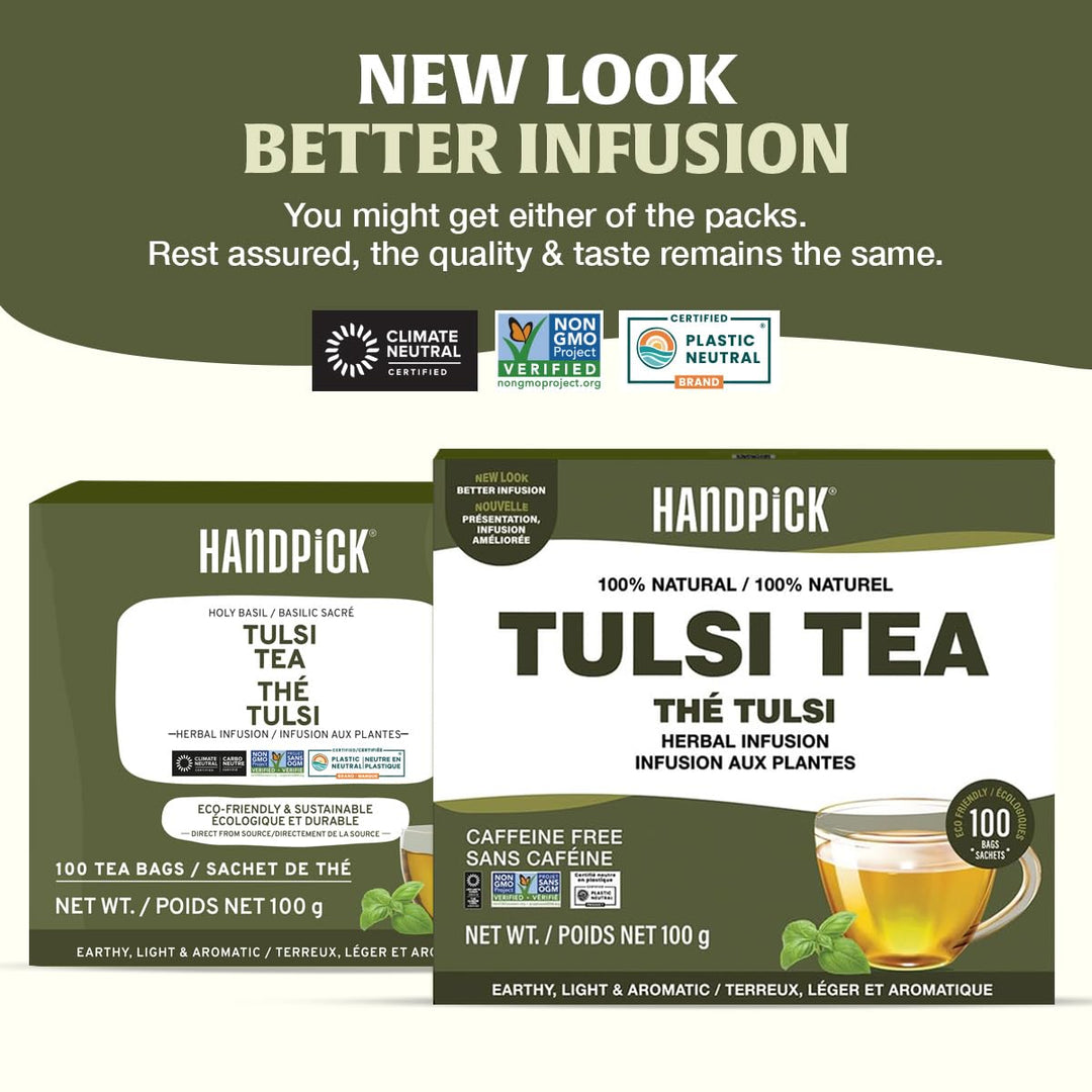 HANDPICK Holy Basil Tea Bags (100 Count) Caffeine-Free, Non-GMO Tulsi Leaves Herbal Tea
