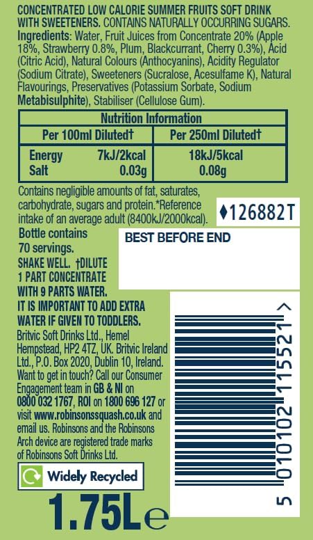 Robinsons Summer Fruits No Added Sugar Squash 1.75L