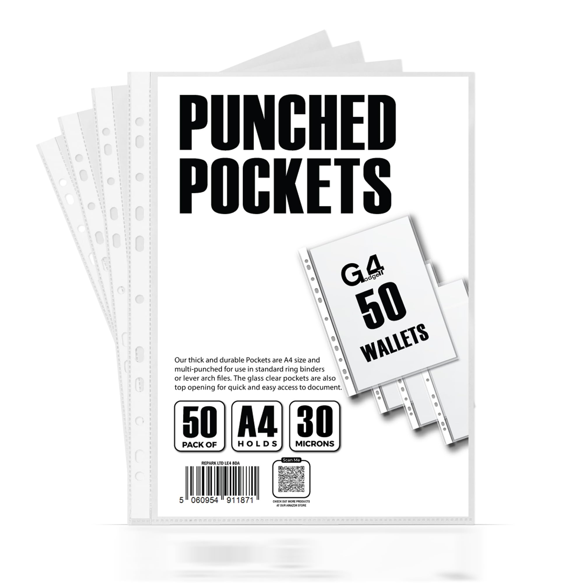 G4GADGET Pack of 50 A4 Clear Plastic Punched Pockets Folders with Frost Finish