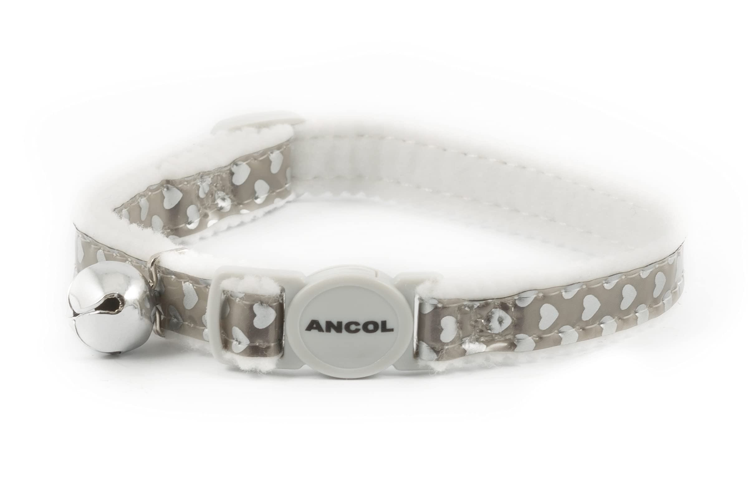 Ancol Reflective Gloss Hearts Safety Cat Collar - Silver | Break-away Buckle | Warning Bell 1