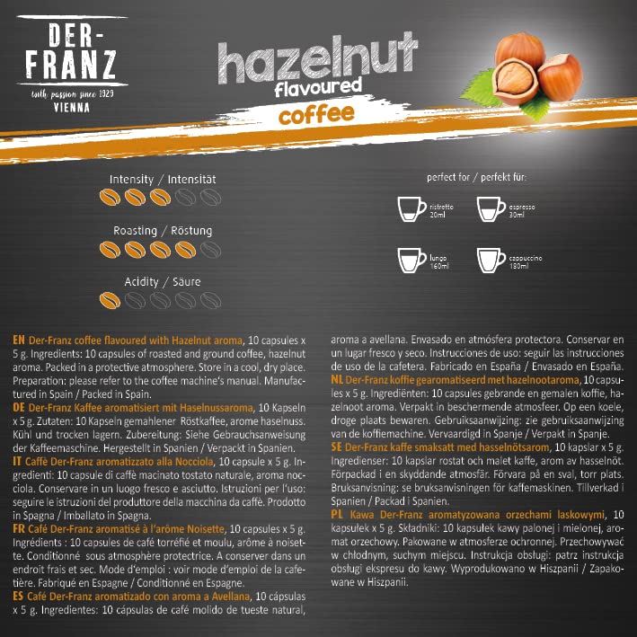 Der-Franz Hazelnut, Vanilla and Caramel Flavored Coffee Capsules, 120 Count (12x10) - Nespresso Compatible