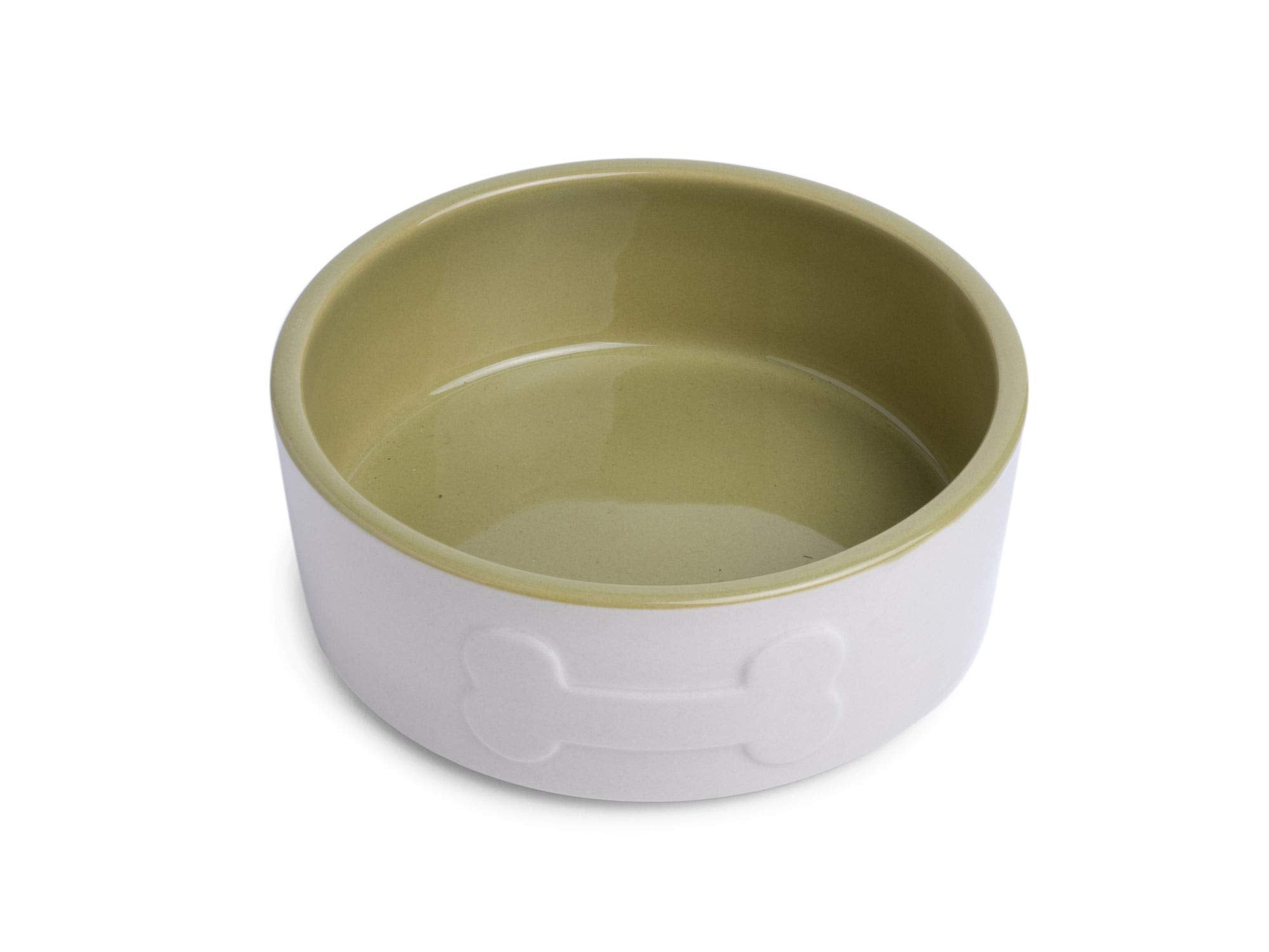 Petface Ceramic Bone Dog Bowl - 15 cm, Cream/Green | Durable | Pet Safe
