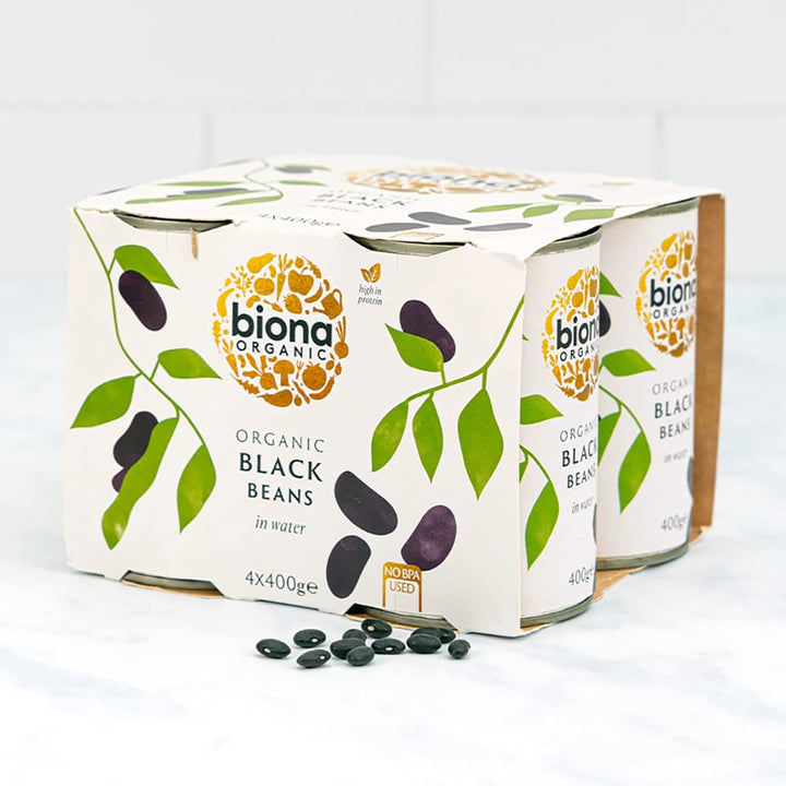 Biona Organic Black Beans 400g, Pack of 4 - Pre-Cooked in Water, BPA-Free Cans