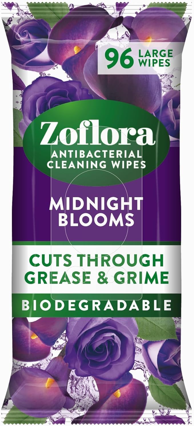 Zoflora Antibacterial Multi-Surface Wipes - Midnight Blooms Scent | 96 Count Biodegradable Wipes