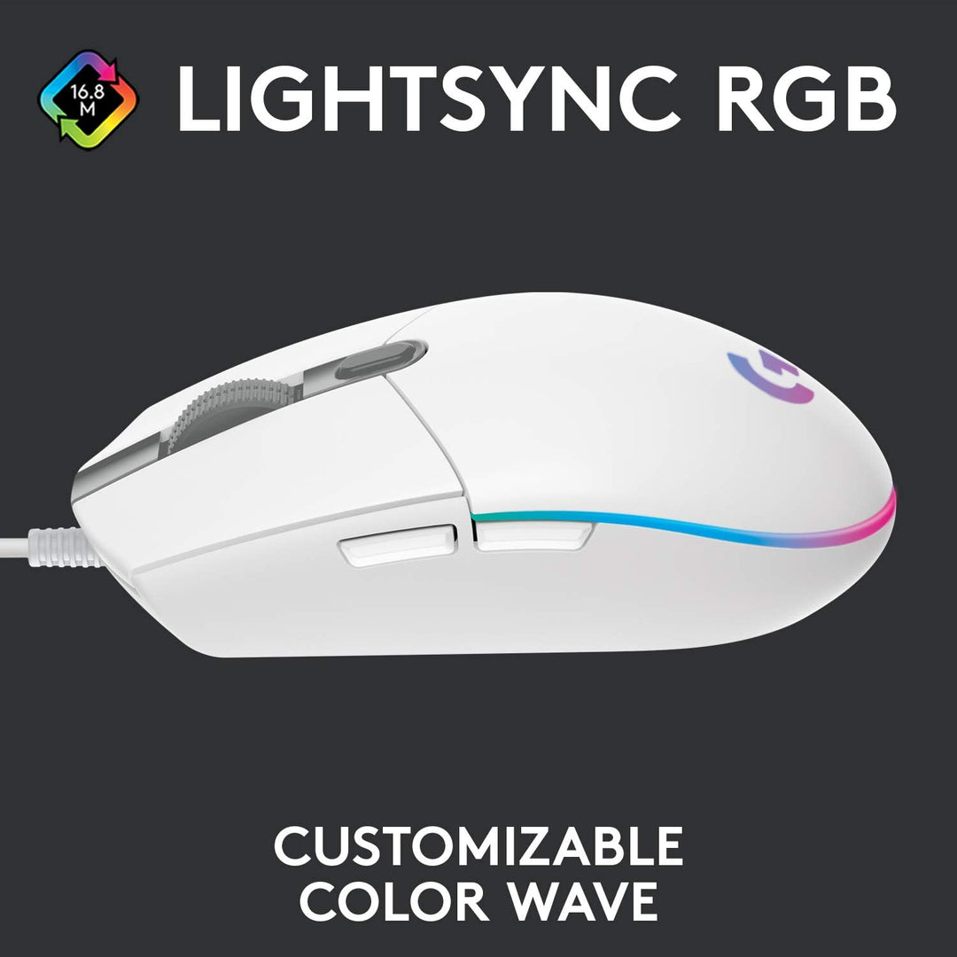 Logitech G203 LIGHTSYNC Gaming Mouse - 8K DPI, 6 Programmable Buttons, RGB Lighting, Lightweight Design - White