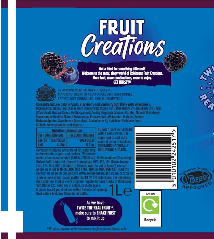 Robinsons Fruit Creations Blackberry & Blueberry Squash 1L