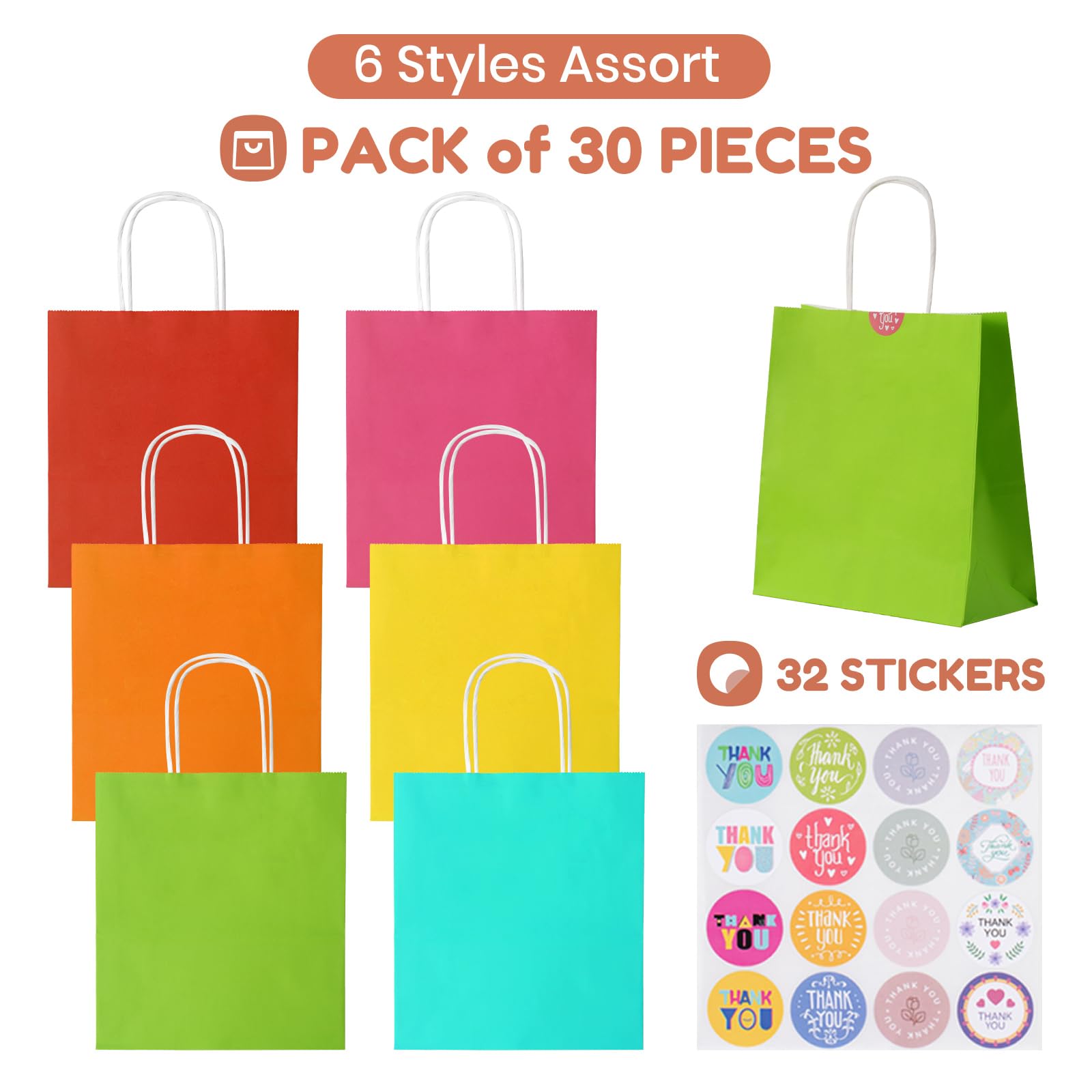 Parmedu Small Paper Gift Bags with Handles - 30 Pack, 8.7"x3.5"x7.9", Colorful Party Bags 3