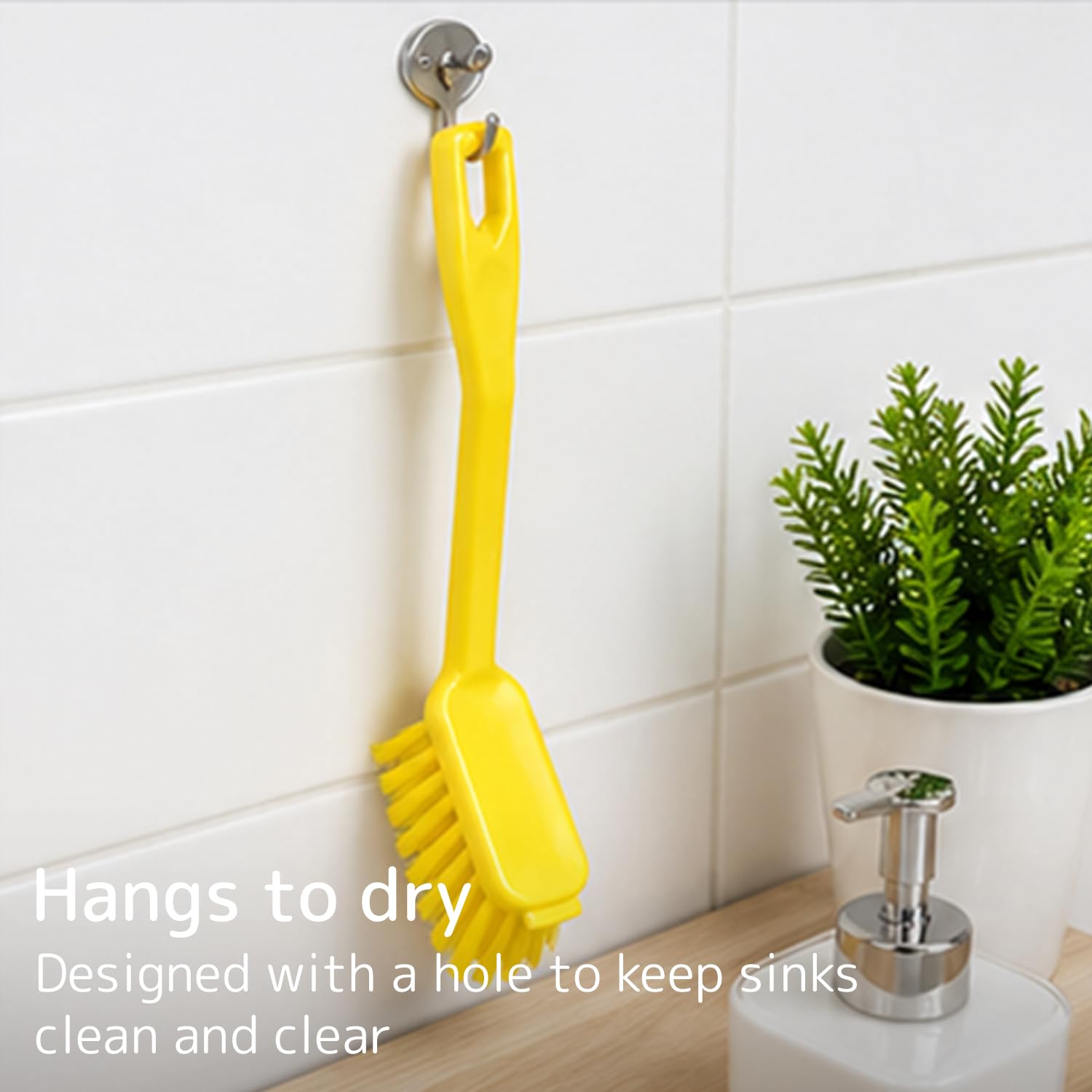 ABENA Yellow Dishwashing Brush - 27cm Long Handle | Stiff Nylon Bristle | Built-In Scraper 5
