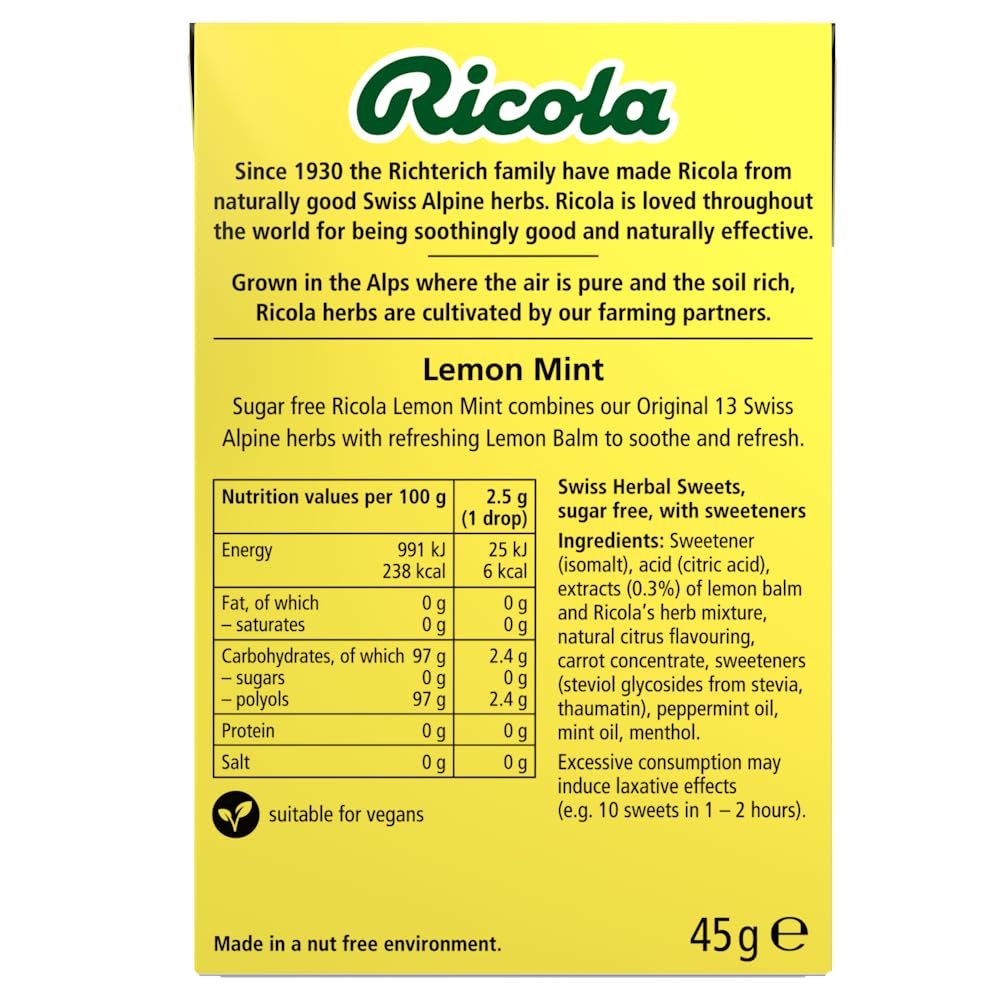 Ricola Lemon Mint Sugar Free Swiss Herbal Sweets - 20 Boxes of 45g 3