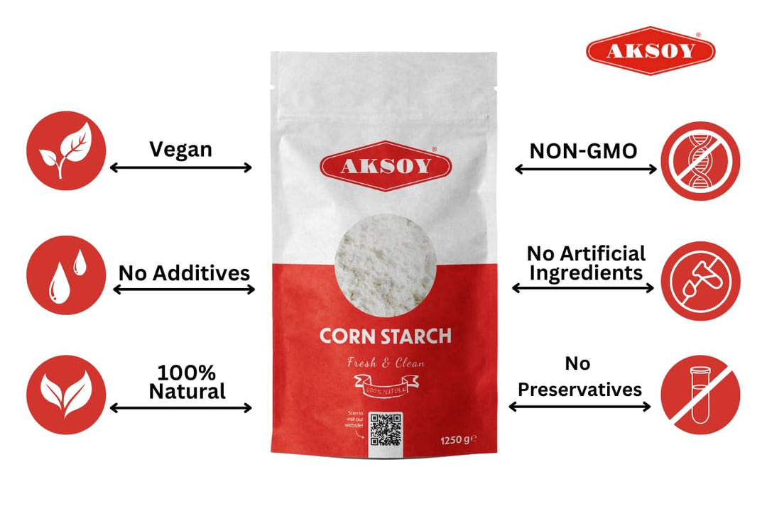 AKSOY 100% Pure Corn Starch | 1.25 KG Resealable Pouch | Non-GMO, Vegan Thickener for Gravy, Sauces, Baking & Puddings