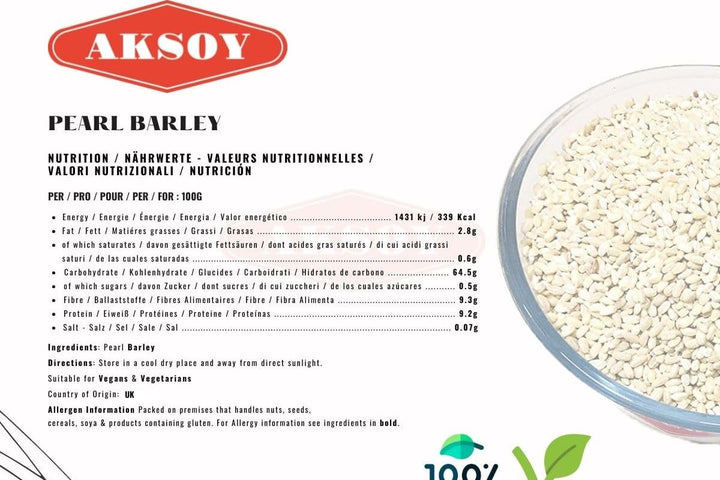 Aksoy Wholefoods Pearl Barley 1.25KG - Whole Grain for Soups, Salads & Pilafs
