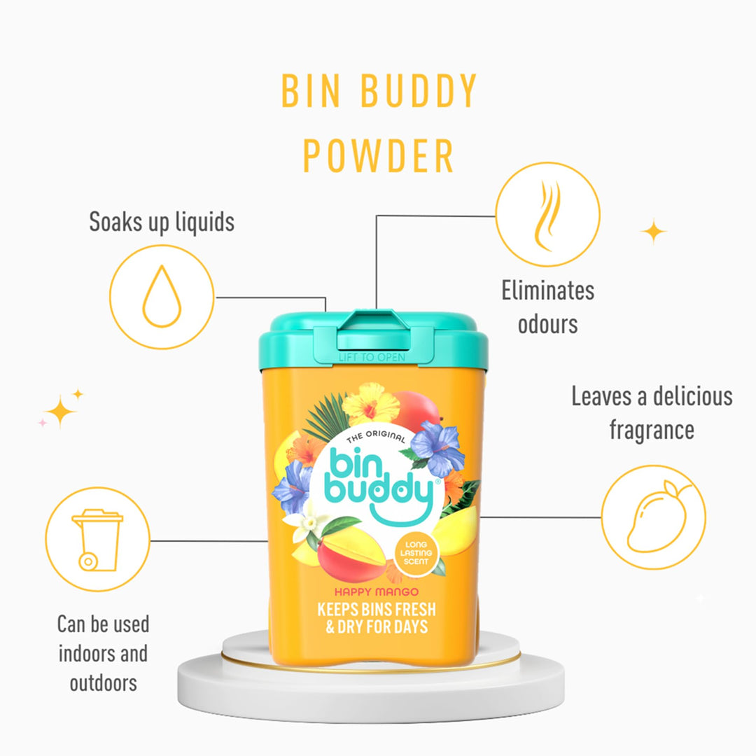 Bin Buddy Happy Mango Bin Freshener Powder 450g – Tropical Scent Deodorizer for Kitchen, Bathroom, Food Waste & Wheelie Bins