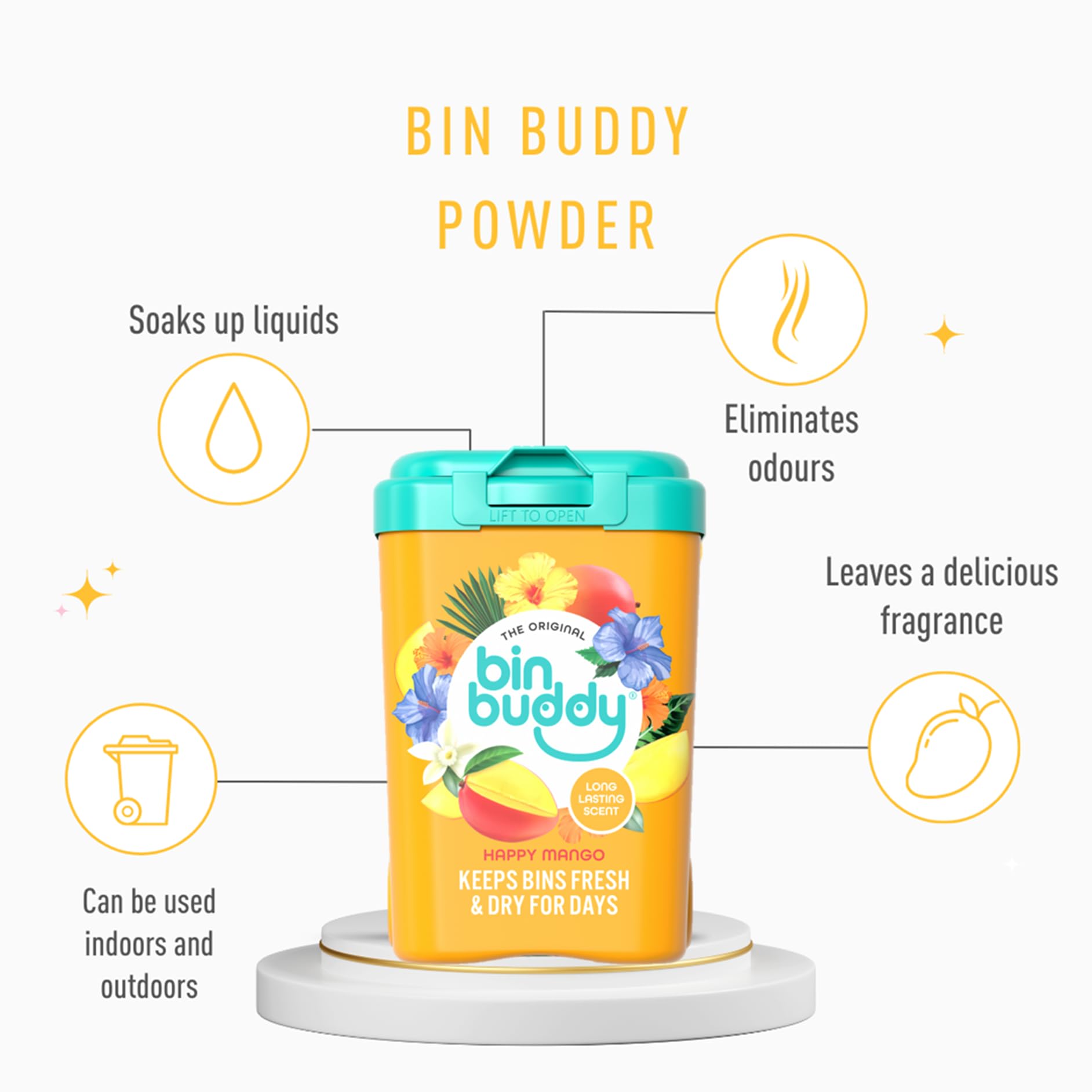 Bin Buddy Happy Mango Bin Freshener Powder 450g – Tropical Scent Deodorizer for Kitchen, Bathroom, Food Waste & Wheelie Bins 3