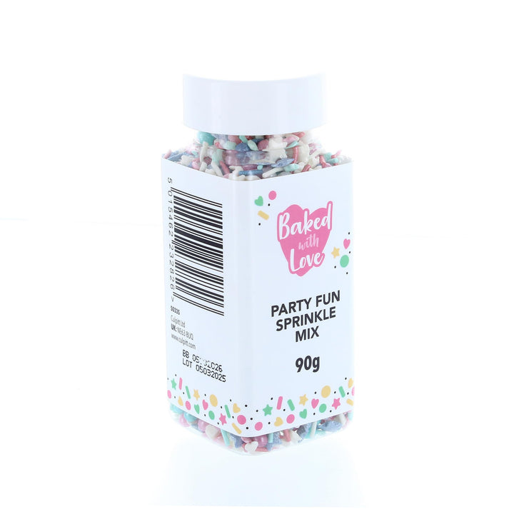 Baked with Love - Party Fun Sprinkles Mix | Blue, Pink & White Edible Cake Decorations | 90g Resealable Bottle