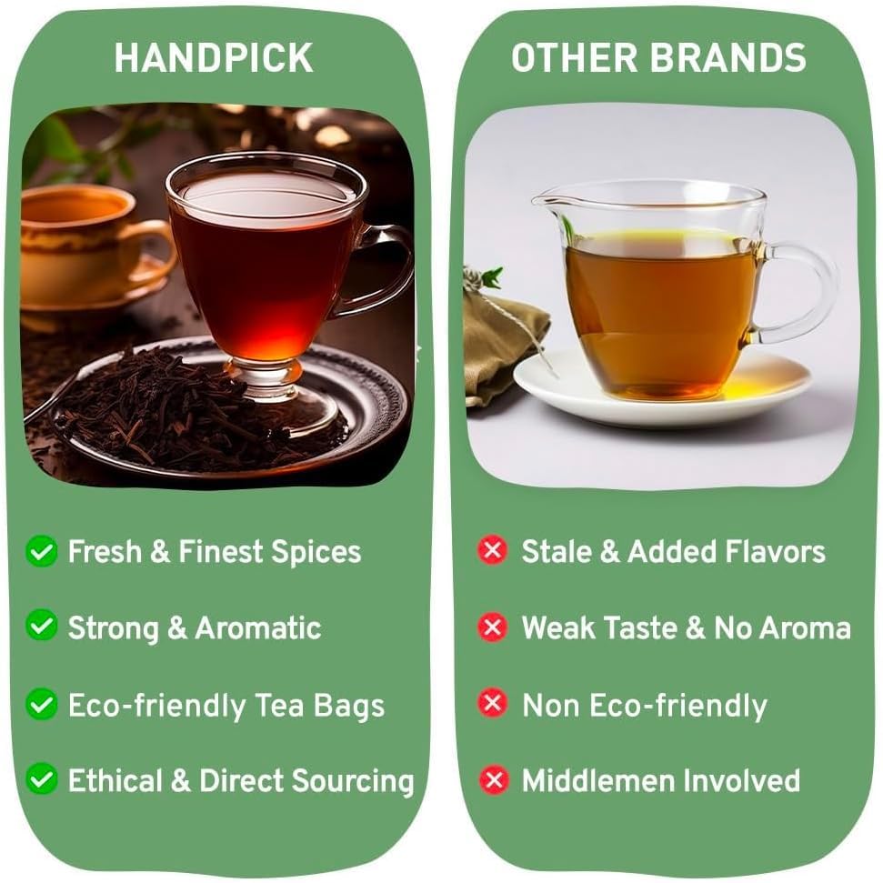 HANDPICK Masala Chai Tea Bags from India (100 Count) - Cinnamon, Black Pepper, Cloves & Cardamom - Eco-conscious Round Tea Bags