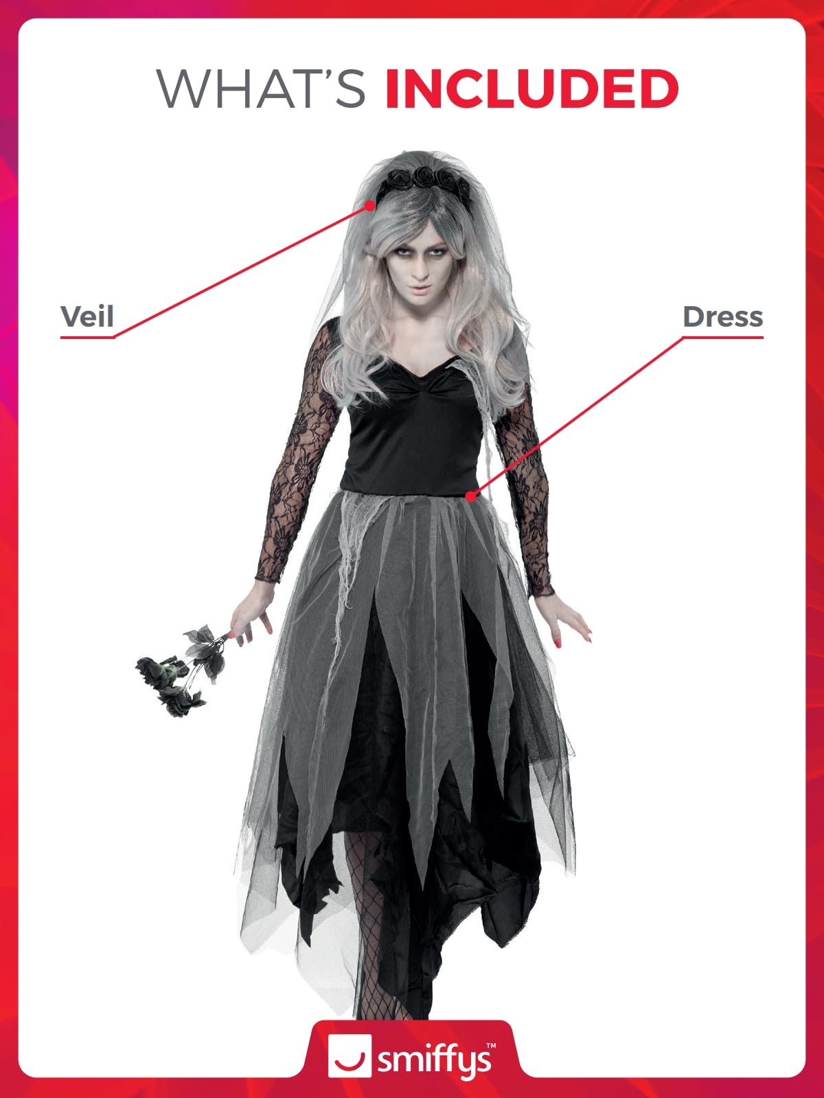 Smiffys Graveyard Bride Costume - Adult Women's Fancy Dress with Rose Veil 3