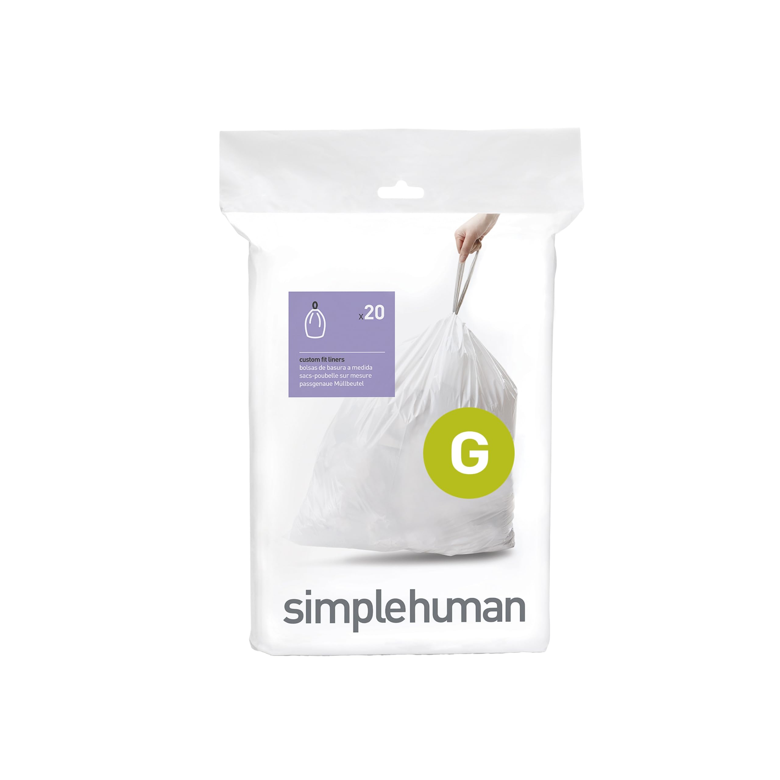 simplehuman Code G Custom Fit Bin Liners - 30L Capacity, White Plastic, Pack of 20 1
