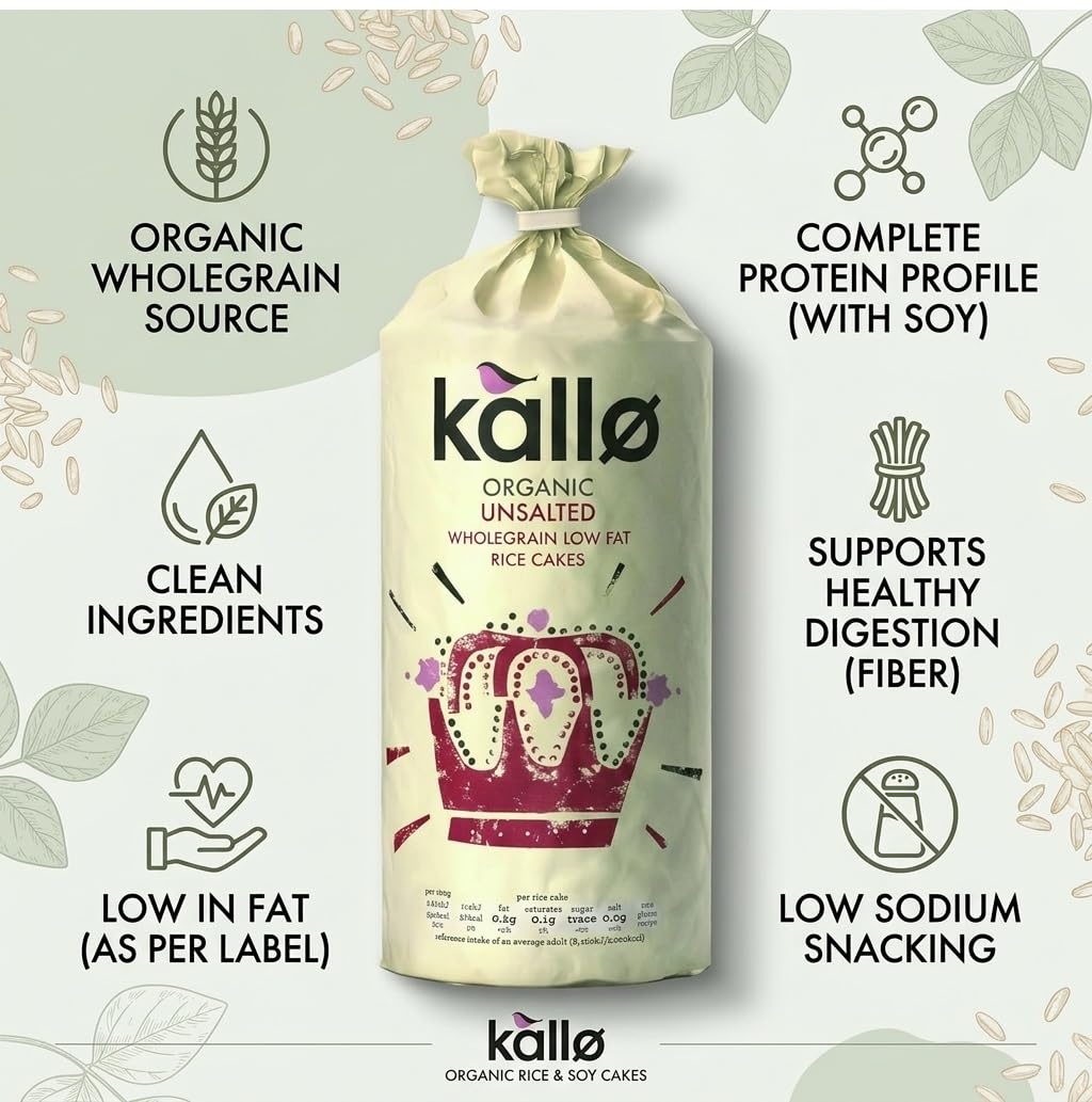 Kallo Organic Unsalted Wholegrain Rice Cakes - 130g Pack of 12 3