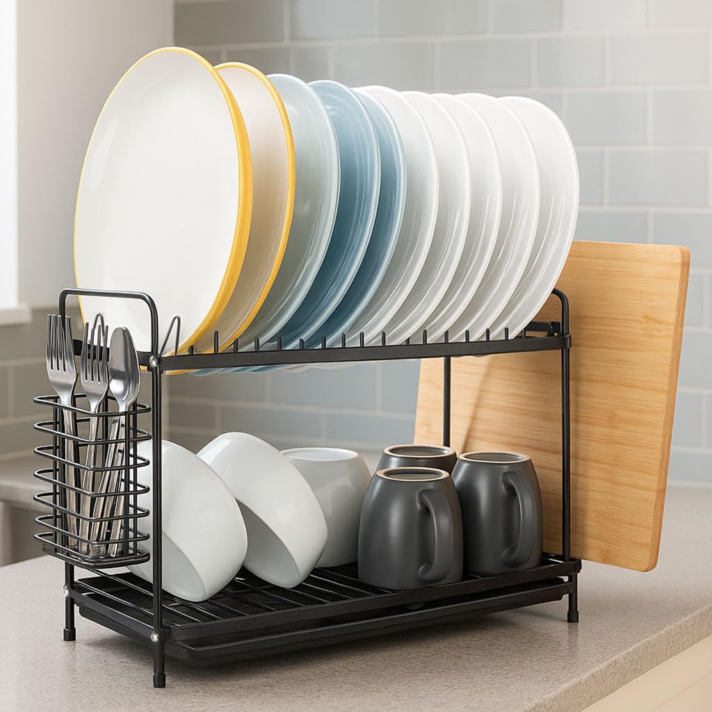 Coselena Multifunctional 2-Tier Stainless Steel Dish Drainer Rack | Rust Resistant | Black