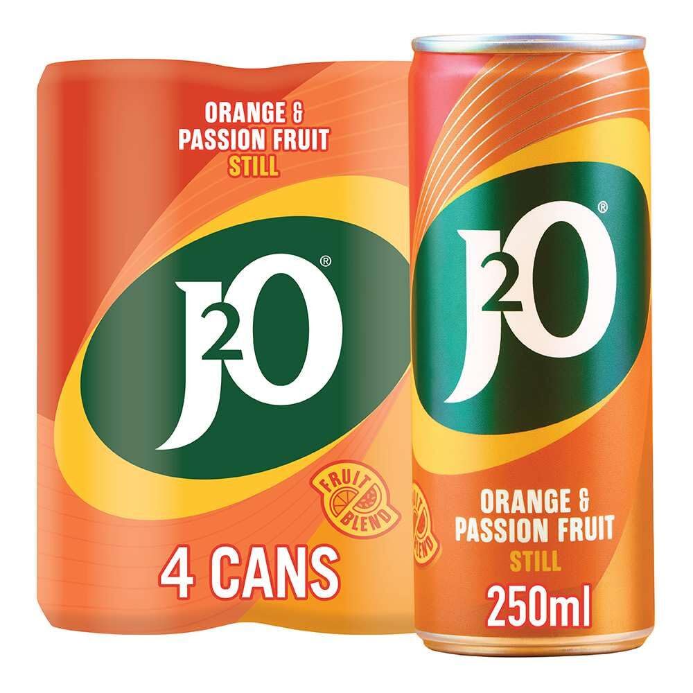J2O Orange & Passion Fruit Juice - 4 x 250ml Cans | Low Calorie 1