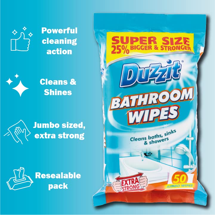 Duzzit Bathroom Wipes - Antibacterial Cleaning for Sinks, Baths, and Toilets | 50 Count Blue Pack 8