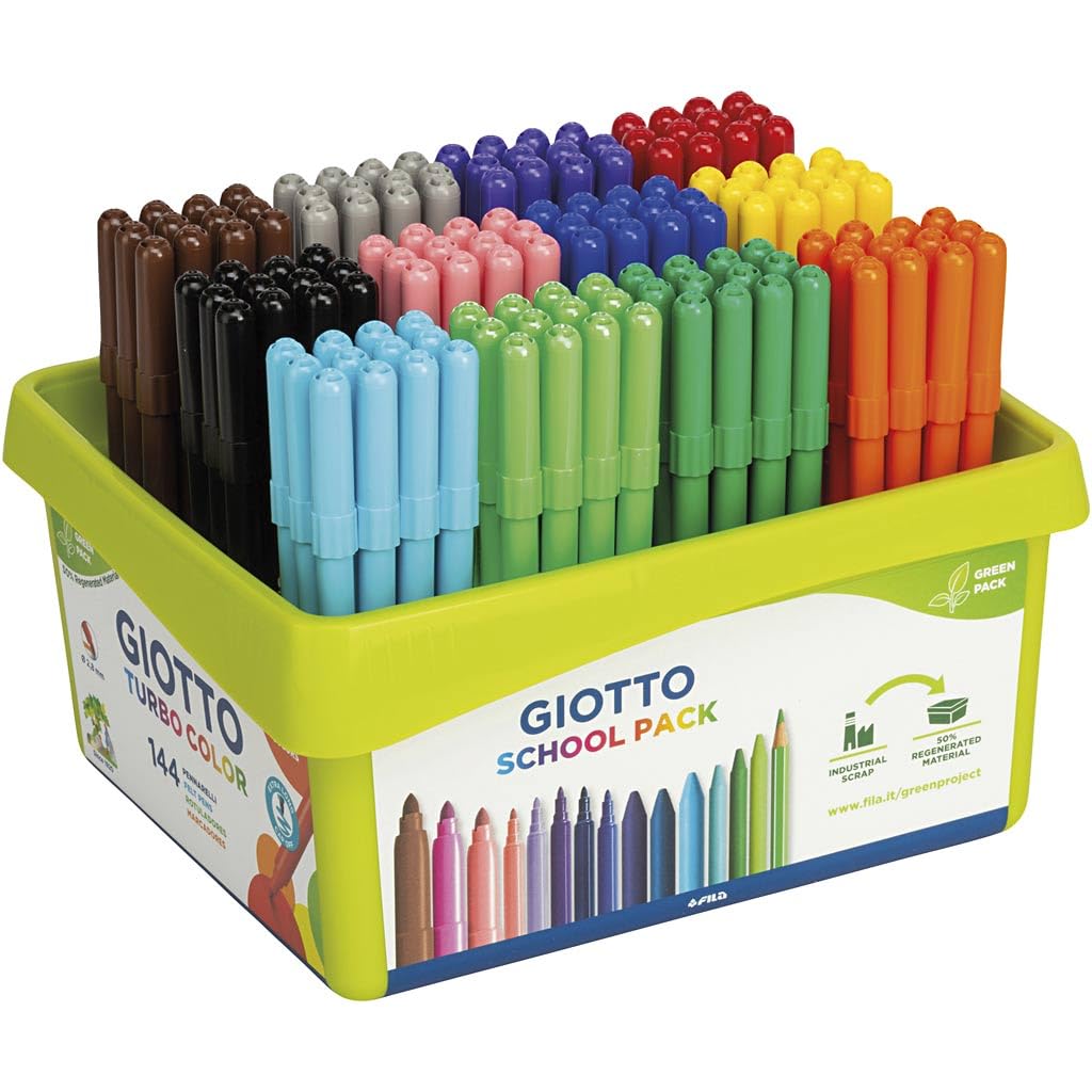 GIOTTO Turbocolor Felt Tip Fibre Pens - 144 Count School Pack | Fine 2.8mm Nib | Washable Ink 1