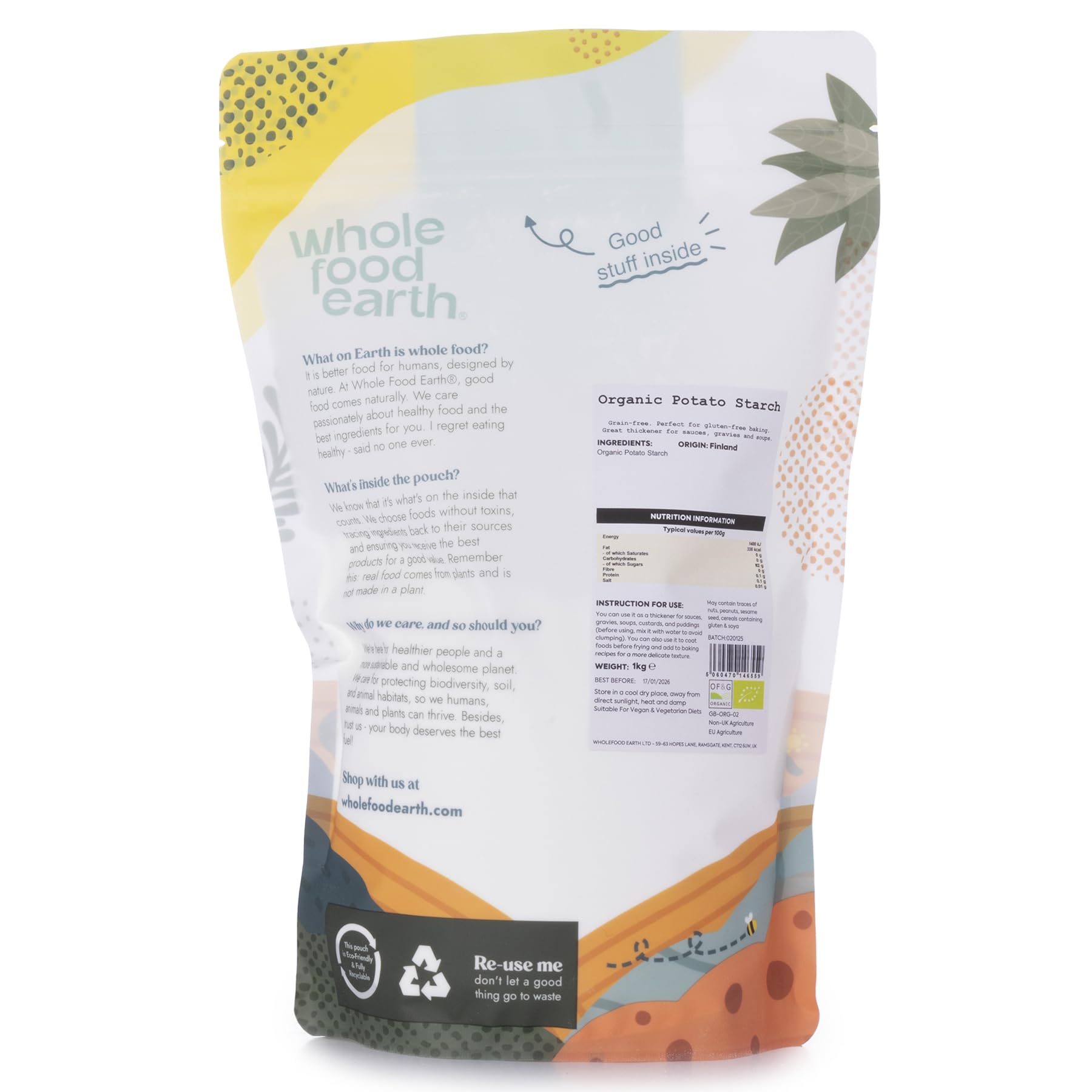 Wholefood Earth Organic Potato Starch - 1kg | GMO Free | Vegan Thickener
