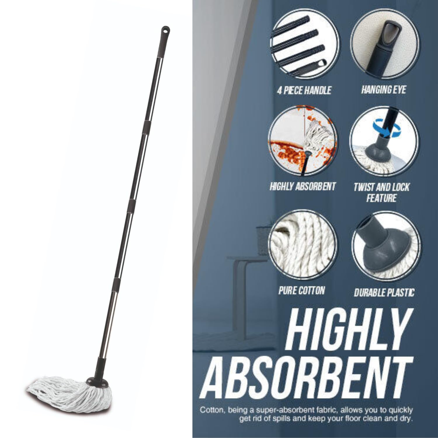 Requisite Needs – 120 cm langer Baumwoll-Bodenwischer mit abnehmbarem, verstellbarem Griff 3