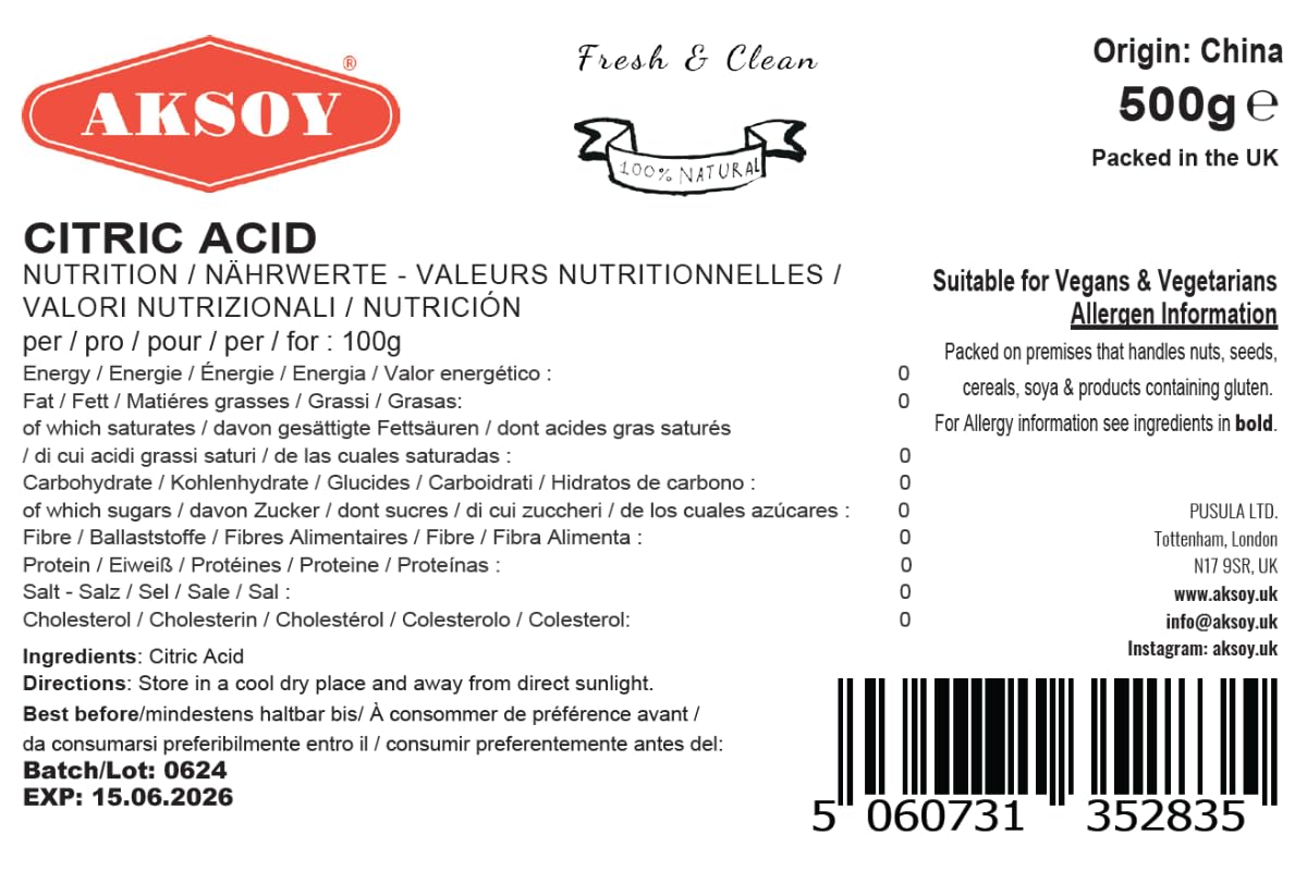 AKSOY Food Grade Citric Acid - 500g Anhydrous Granules | Non-GMO De-Scaler 6