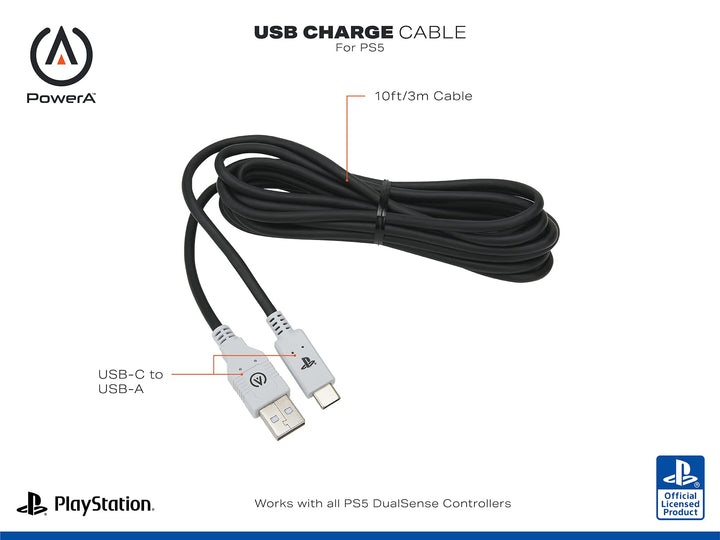 PowerA USB-C Charging Cable for PlayStation 5 DualSense Controller - 10ft with Velcro Strap
