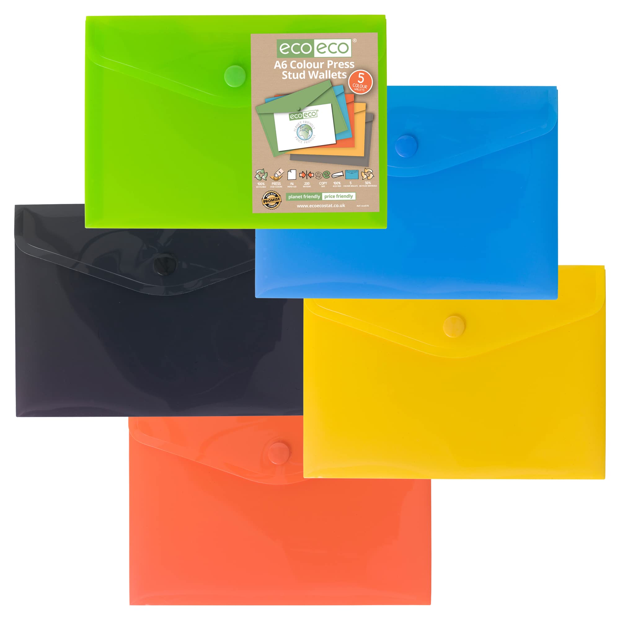 eco-eco A6 Press Stud Popper Wallet - 50% Recycled Plastic Folder | Pack of 5 Assorted Colours 1