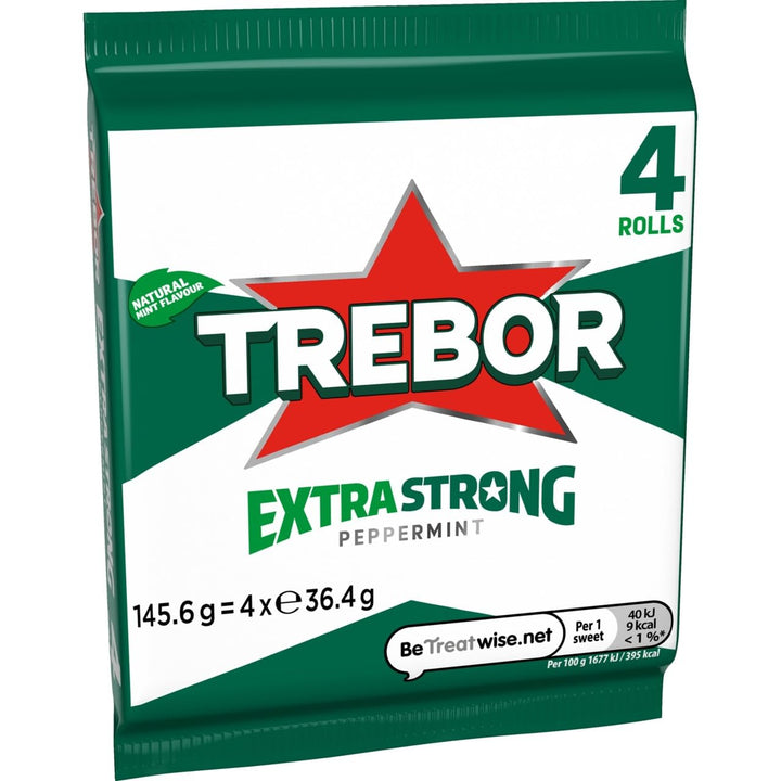 Trebor Extra Strong Peppermint Mint Sweets, 4 Pack Rolls, 146 g (Pack of 12)