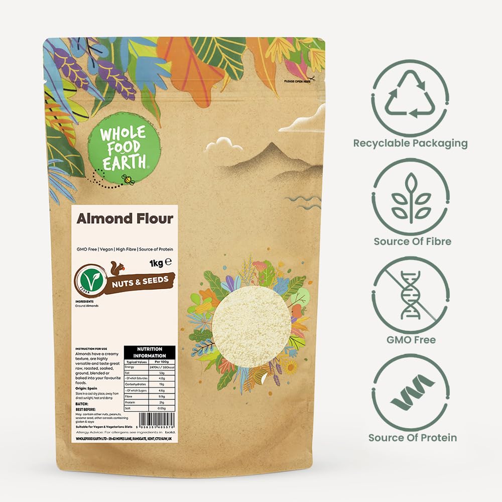 Wholefood Earth Almond Flour 500g | GMO-Free | High Fibre | Vegan | Recyclable Packaging