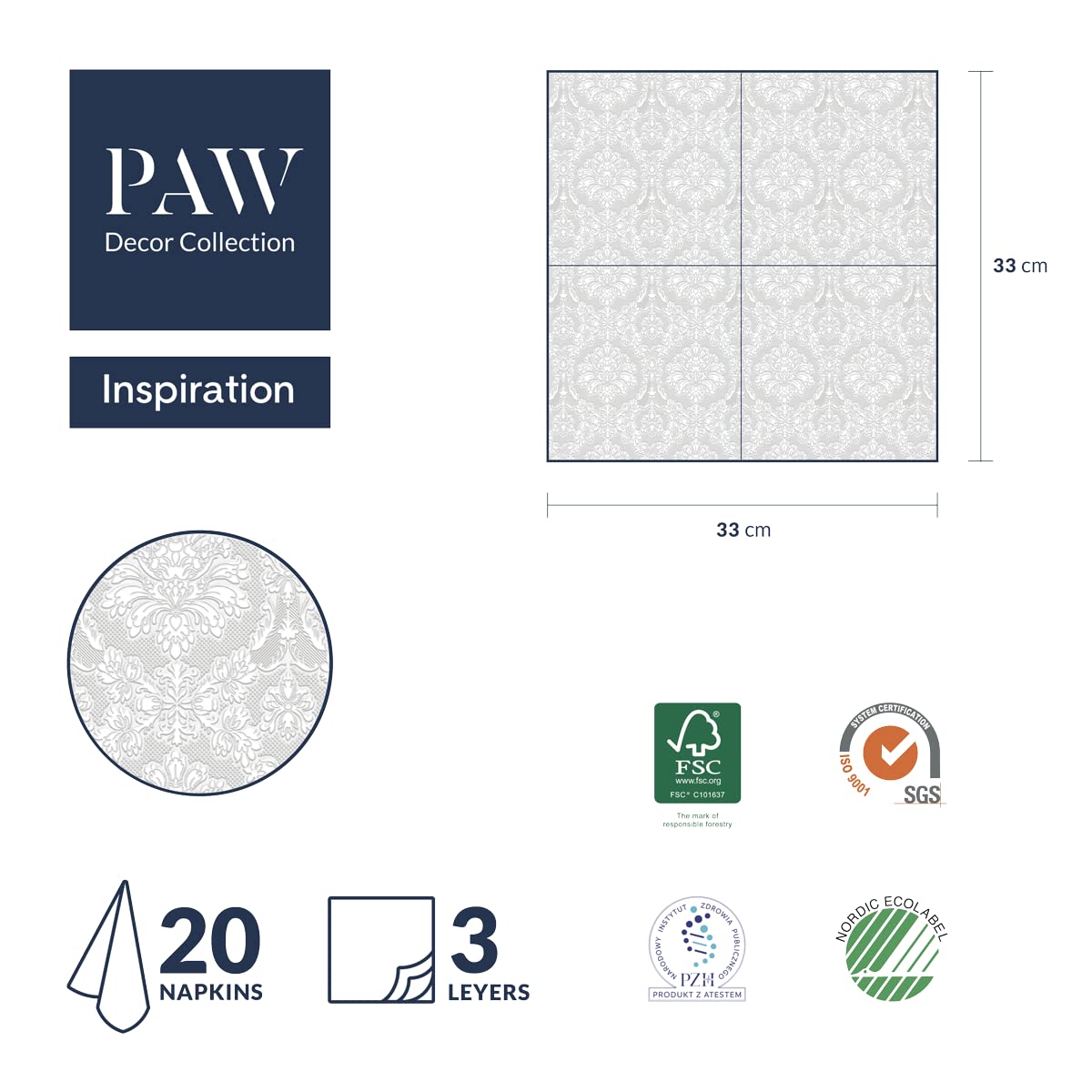 PAW Decor Collection Gold 3-Ply Napkins (33 x 33 cm) – 20 Pieces, FSC & Ecolabel-Certified 2