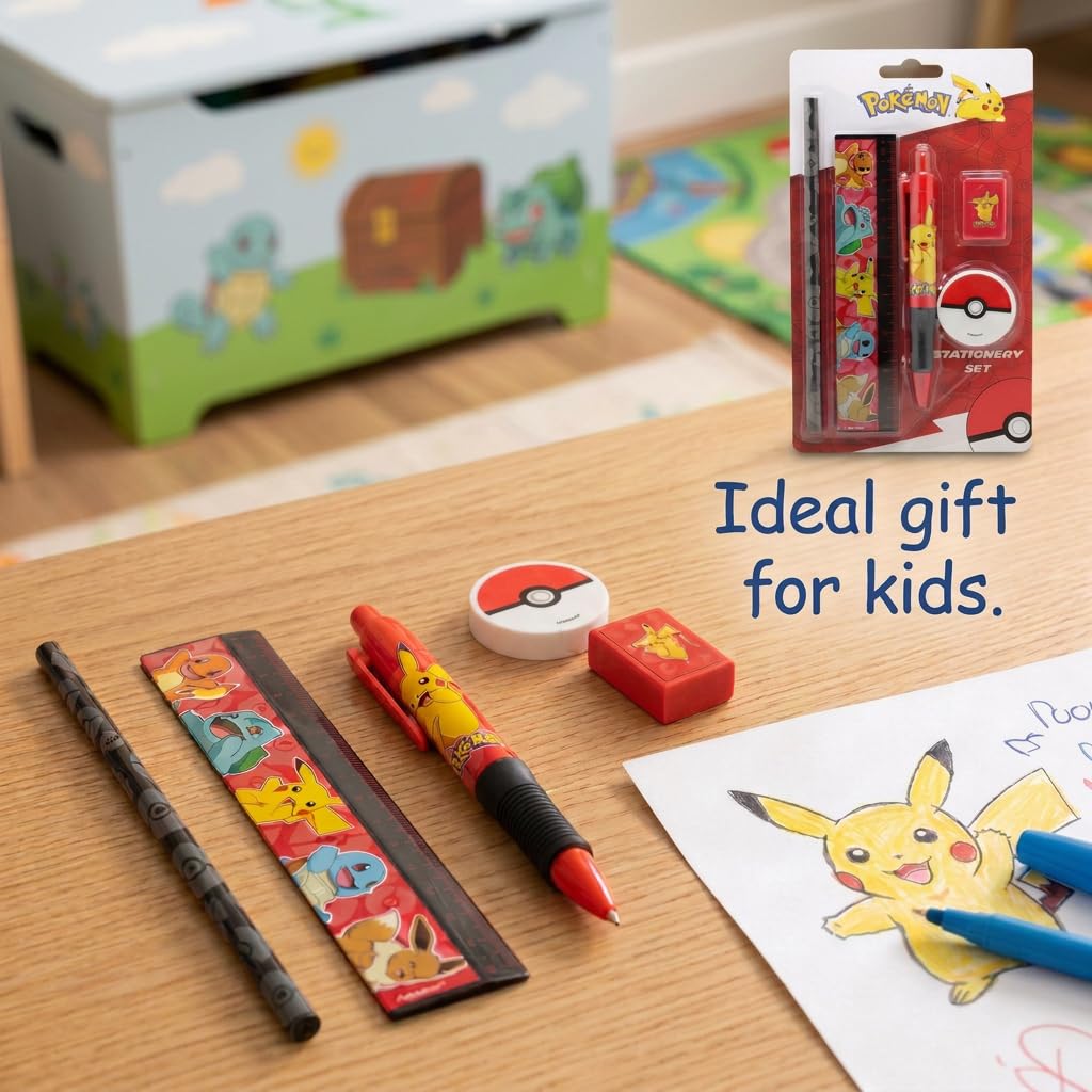 HOX Pokémon Stationery Set - Pikachu Pen, Pencil, Ruler, Sharpener, Eraser | Blue Ink | Kids