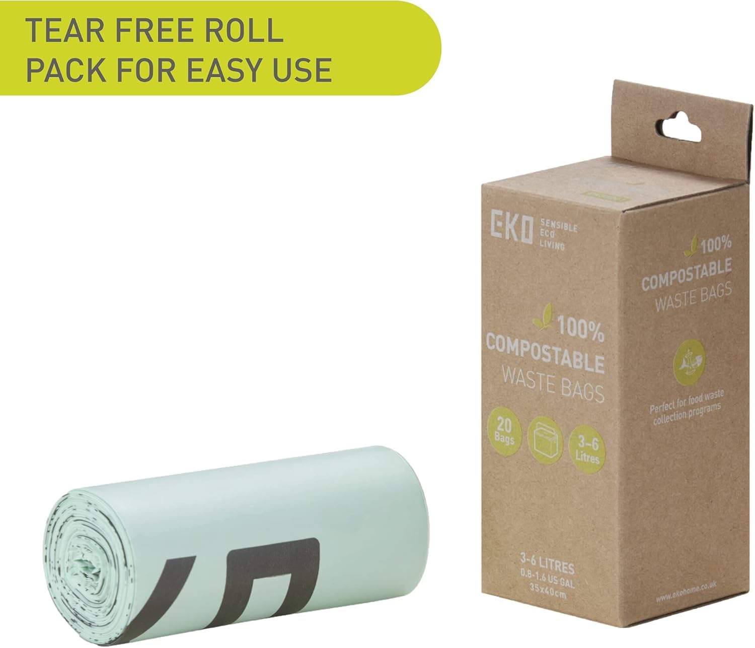 EKO Compostable Bin Liners For Food Waste Caddies - 3-6 Litre Capacity, 20 Bags, White 6