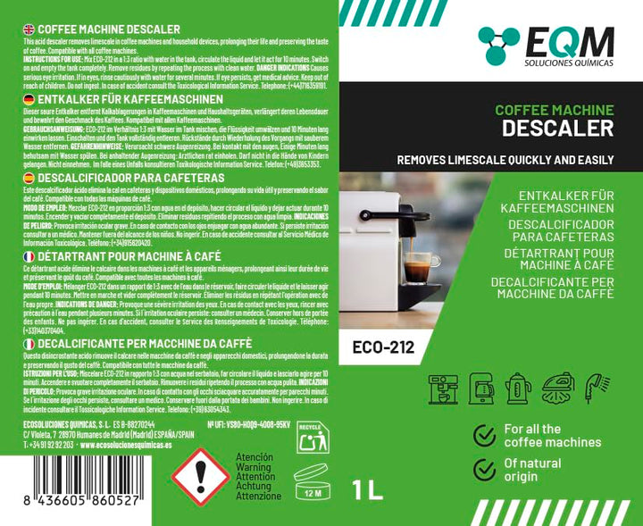 EQM - ECO-212 Coffee Machine Descaler - 1L - 100% Natural Origin with Citric Acid